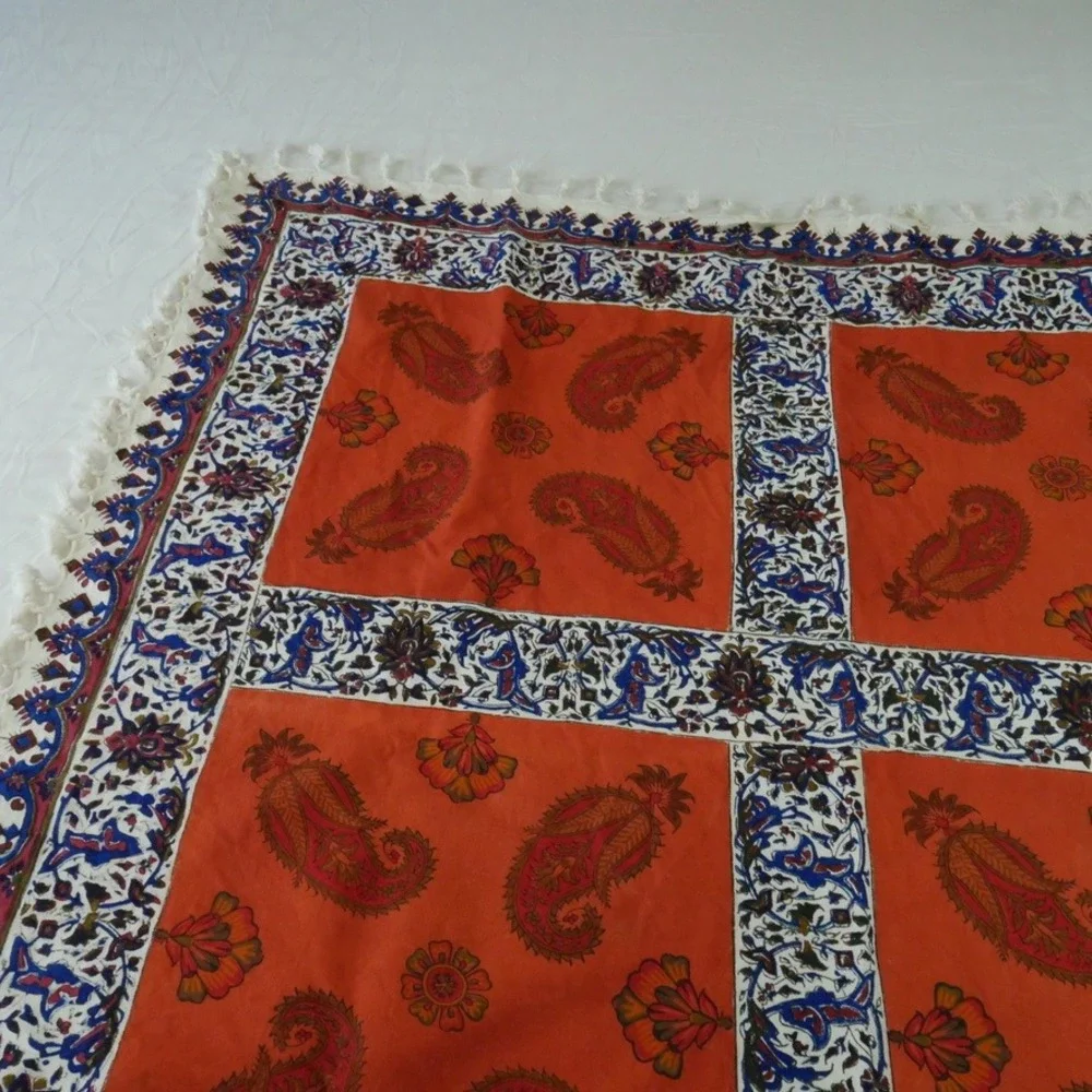 Vintage Hand Block Print Cotton Tablecloth Orange Paisley Fringe Boho 37
